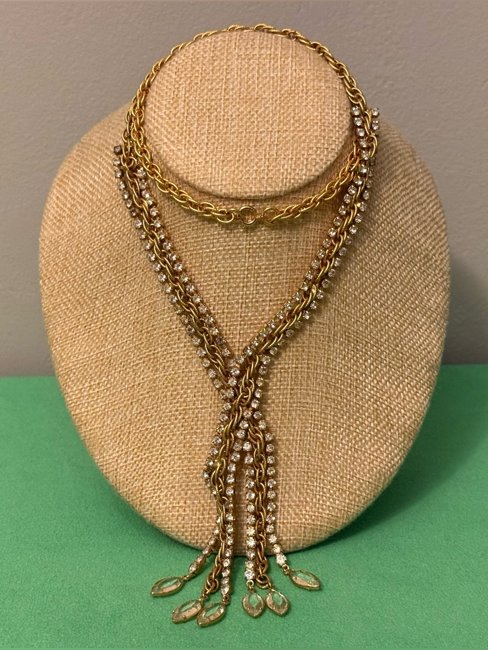 Vintage Gold-Tone Rhinestone Tassel Lariat Necklace - Women Jewelry